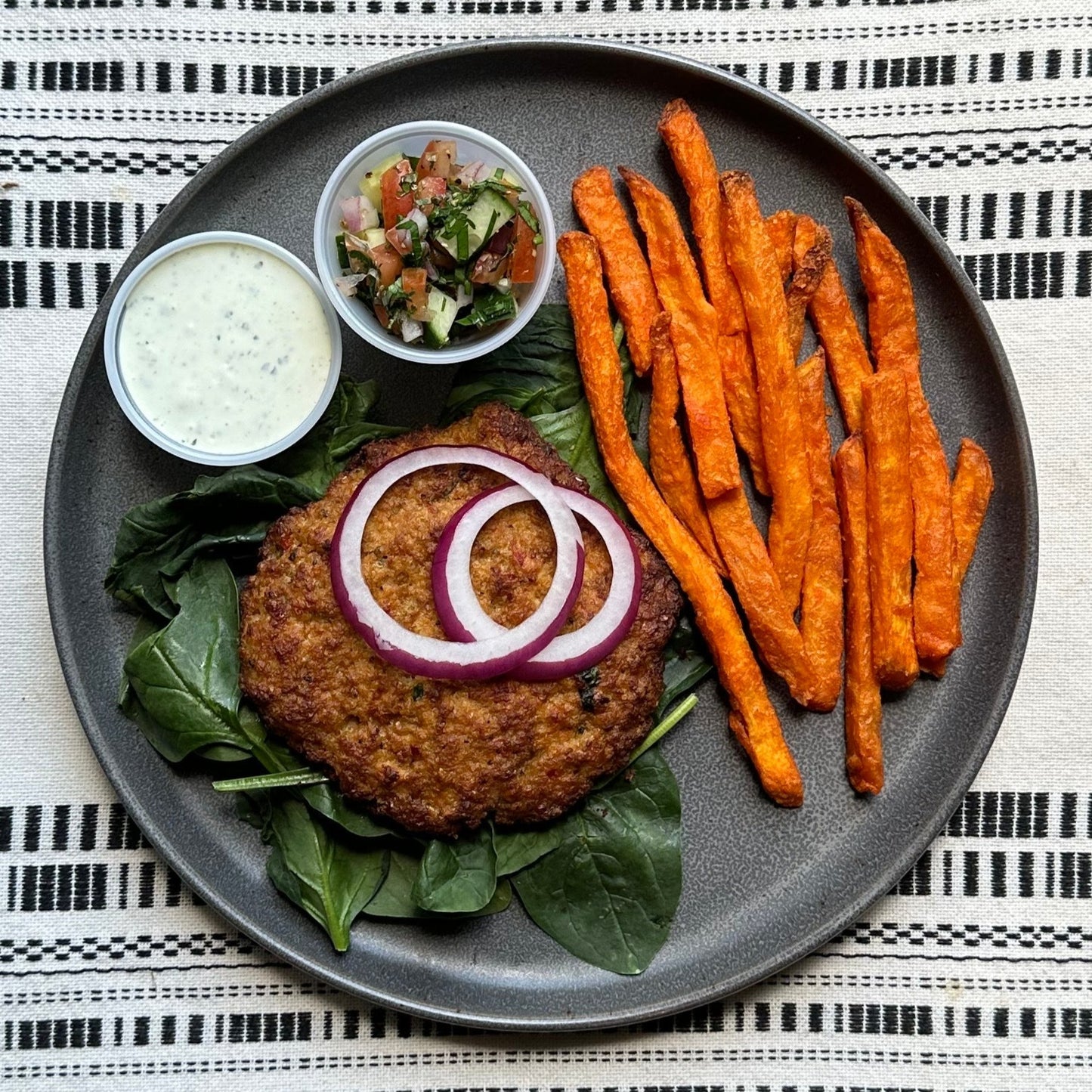 Mediterranean Turkey Burger with Sweet Potato Fries