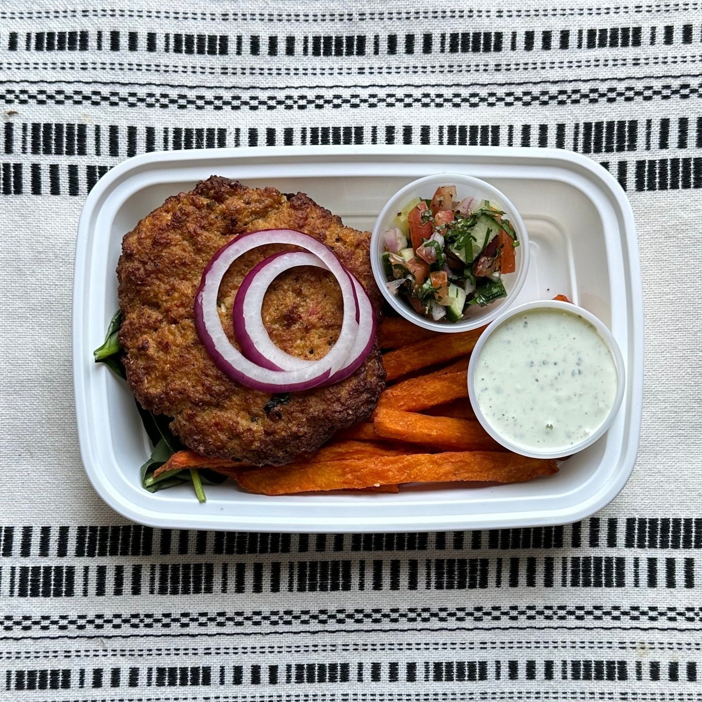 Mediterranean Turkey Burger with Sweet Potato Fries
