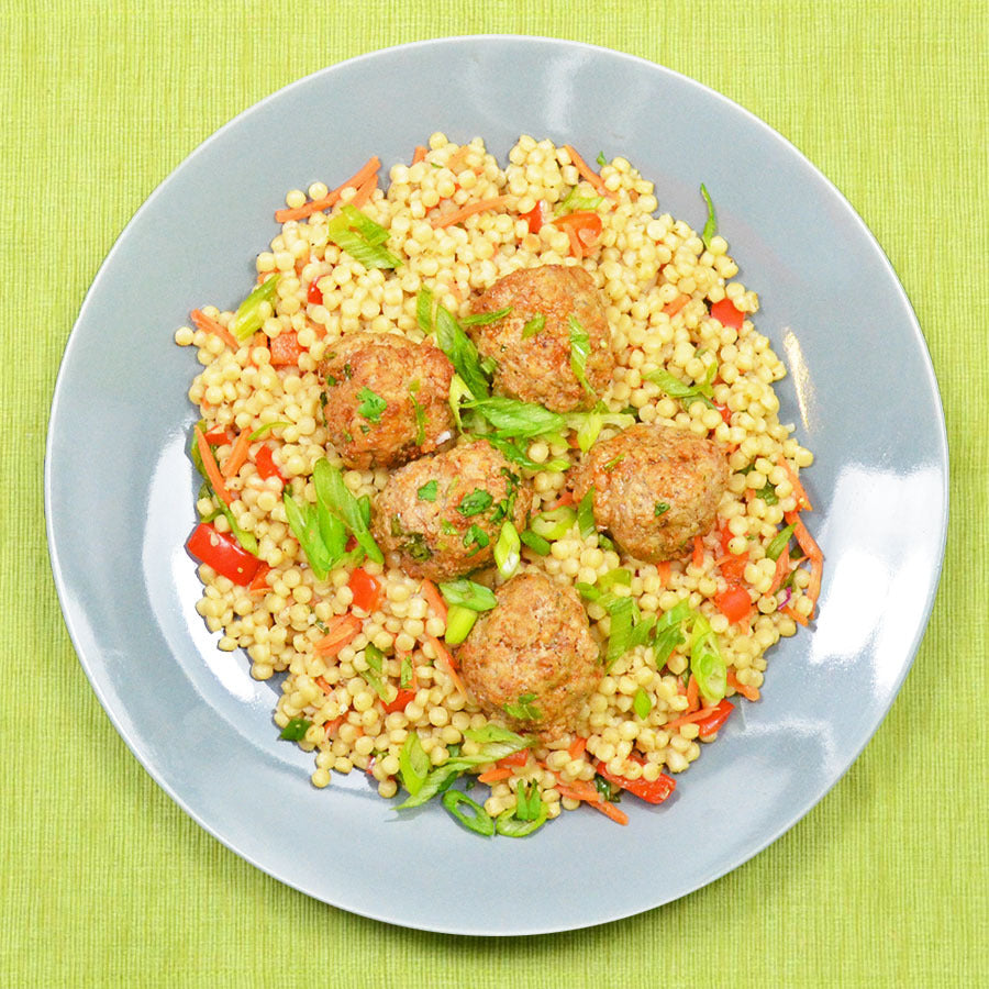 Honey Sriracha Meatballs with Israeli Cous Cous