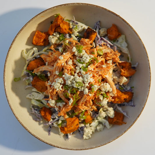 Buffalo Chicken Loaded Sweet Potatoes