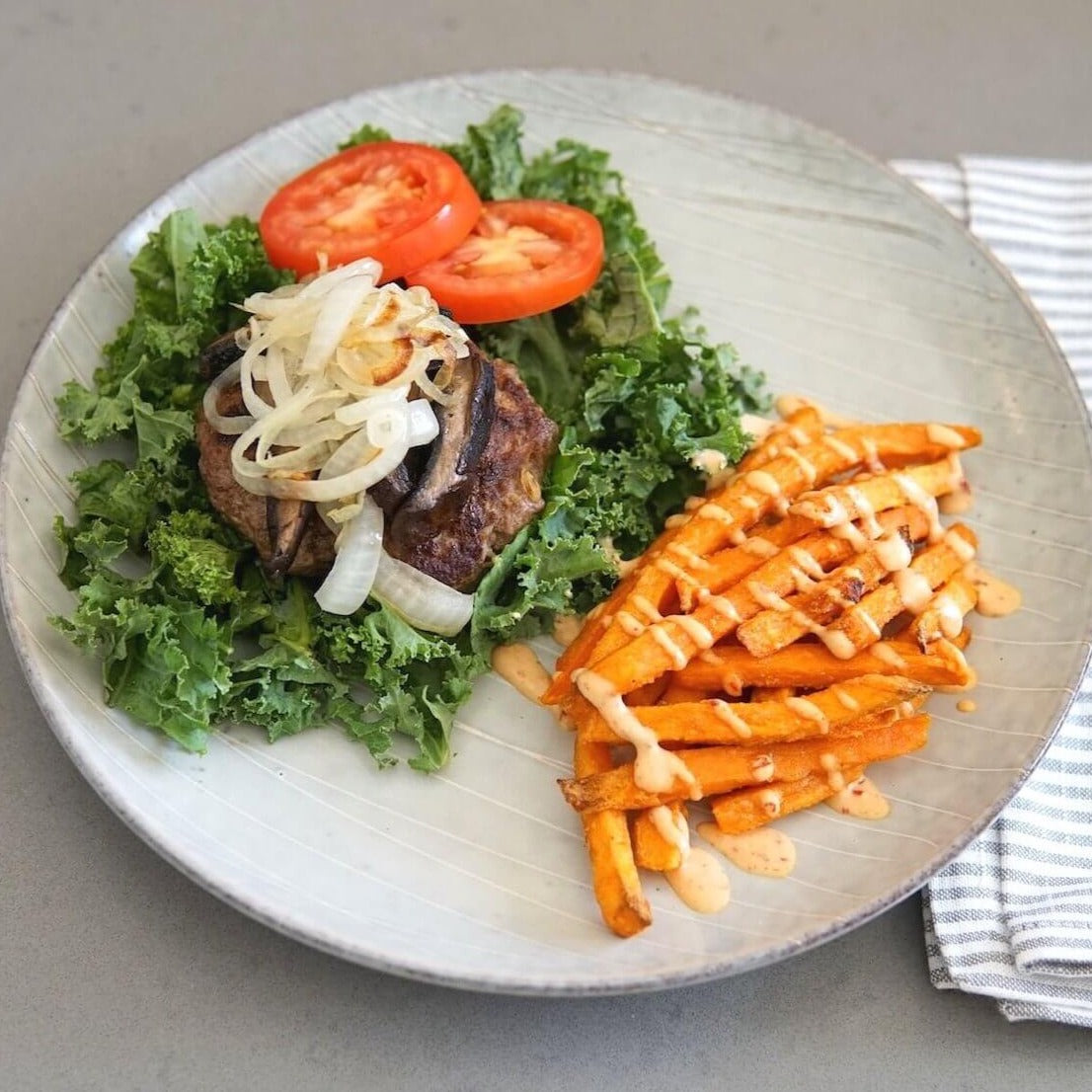 Grass Fed Beef Burger with Sweet Potato Fries